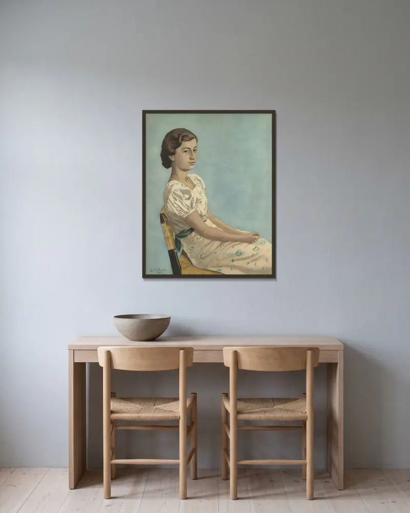Porträtt av fröken Simonne Kremer av Léon Spilliaert inramad på en vägg