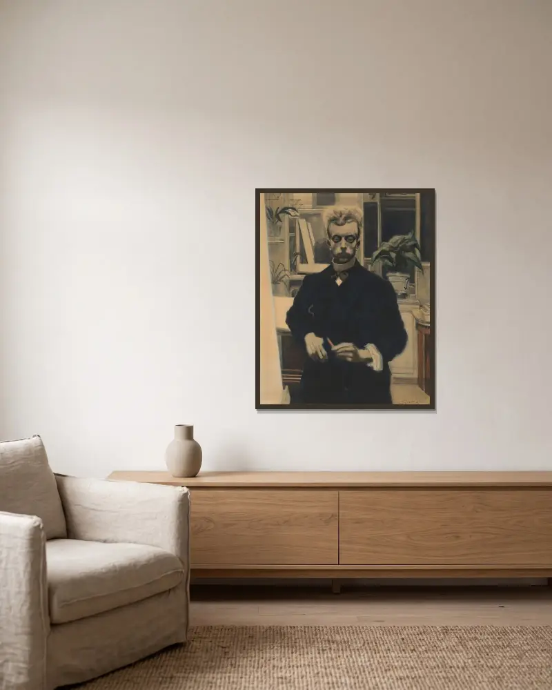 Självporträtt med röd penna av Léon Spilliaert inramad på en vägg