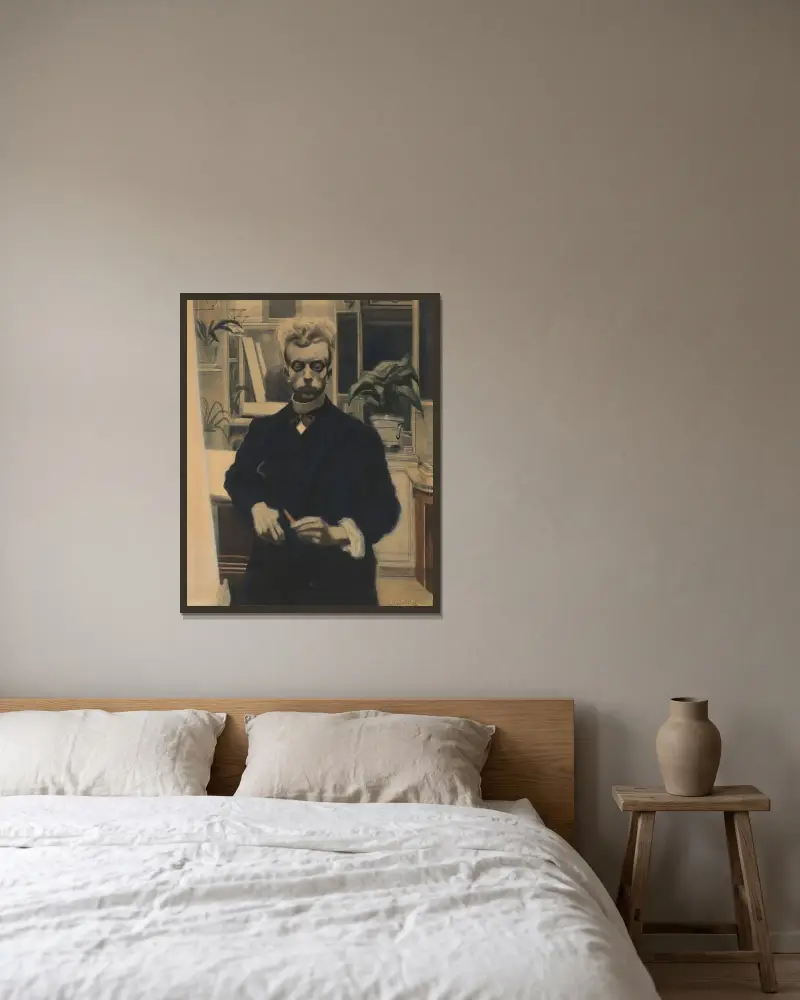 Självporträtt med röd penna av Léon Spilliaert inramad på en vägg