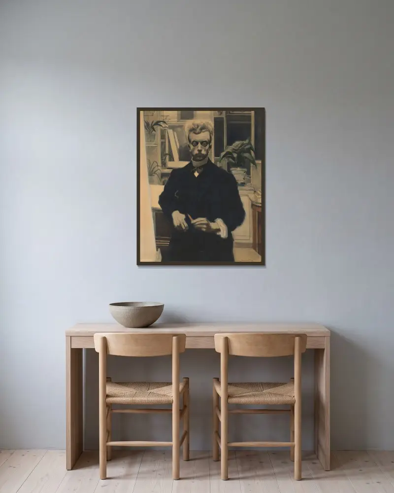 Självporträtt med röd penna av Léon Spilliaert inramad på en vägg