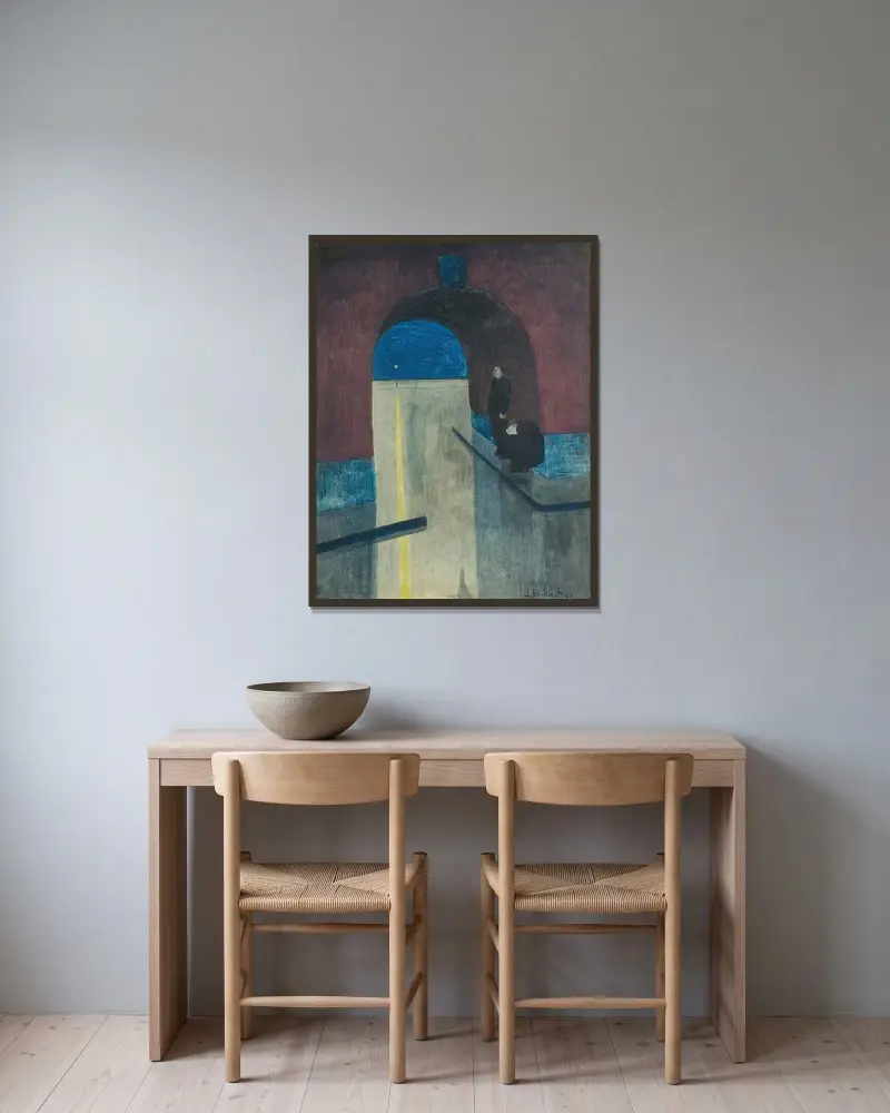En man och en kvinna som söker skydd under en valvbåge vid Drie Gapers, Ostende av Léon Spilliaert inramad på en vägg