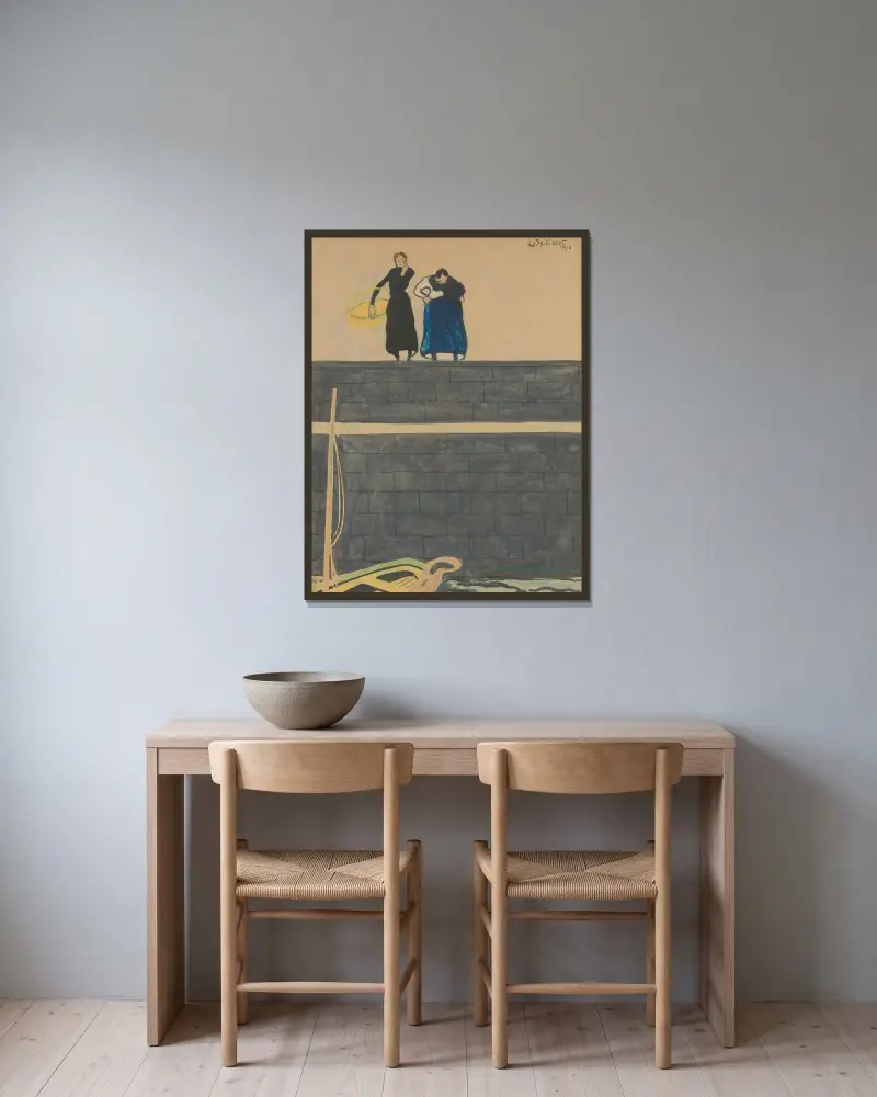 Fiskarhustrur på kajen av Léon Spilliaert inramad på en vägg