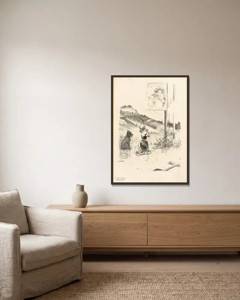 Originalzeichnung von Adolphe Léon Willette gerahmt an einer Wand