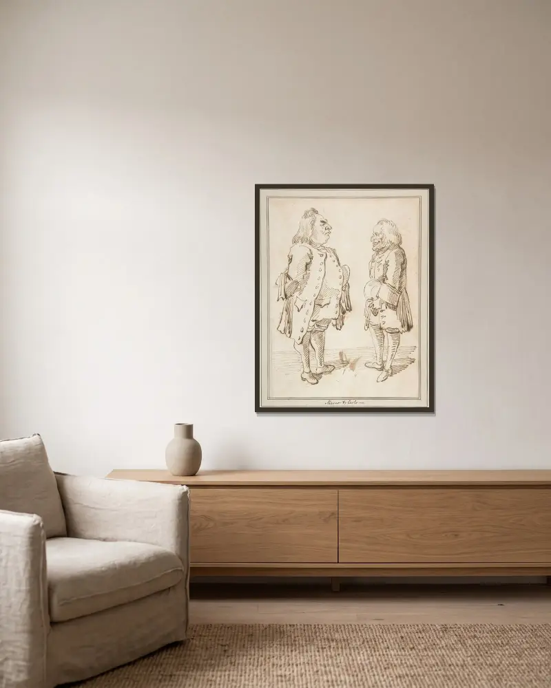 Marco und Carlo; Karikatur zweier Männer von Angesicht zu Angesicht von Pier Leone Ghezzi gerahmt an einer Wand