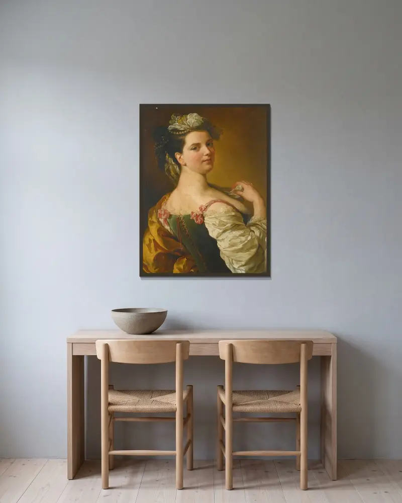 Porträtt av en ung flicka som herdinna av Pier Leone Ghezzi inramad på en vägg