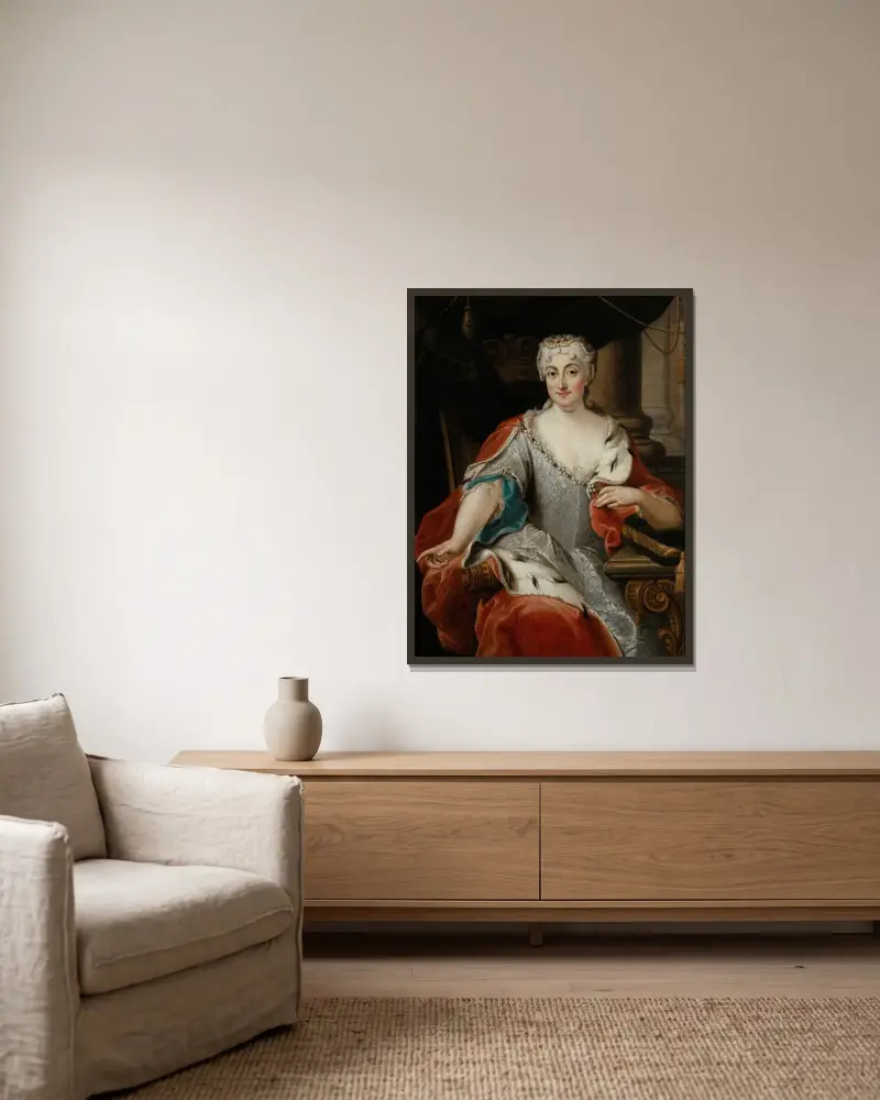Porträtt av Maria Clementina Sobieska av Pier Leone Ghezzi inramad på en vägg