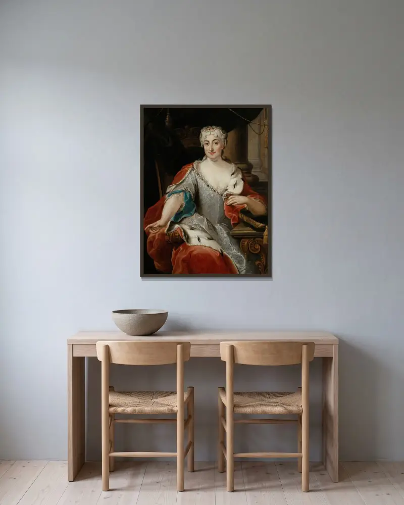 Porträtt av Maria Clementina Sobieska av Pier Leone Ghezzi inramad på en vägg