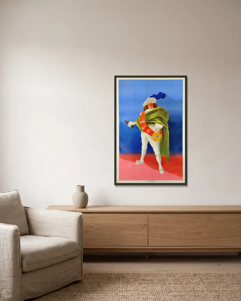 Affisch för en likör av Leonetto Cappiello inramad på en vägg