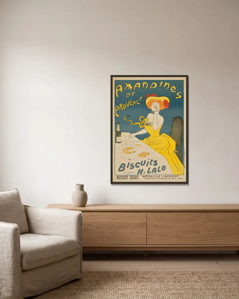 Amandines de Provence av Leonetto Cappiello inramad på en vägg