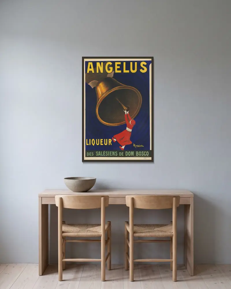 Angelus. Liqueur des Salésiens de Dom Bosco av Leonetto Cappiello inramad på en vägg
