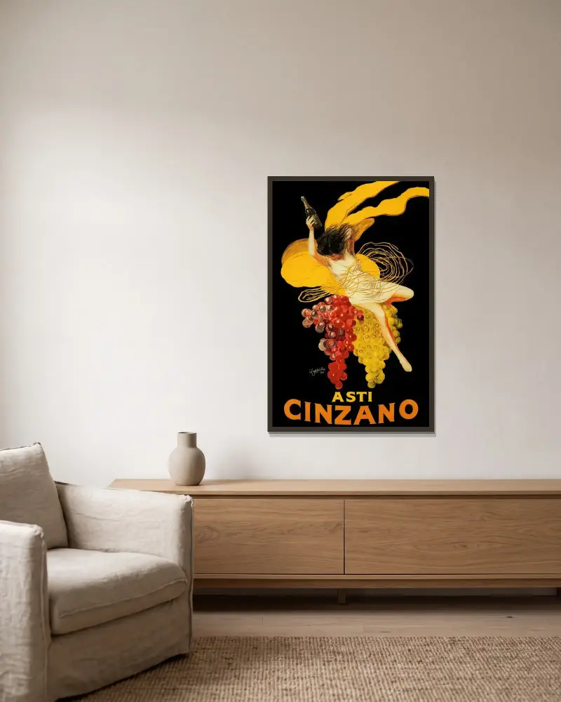 Asti Cinzano av Leonetto Cappiello inramad på en vägg