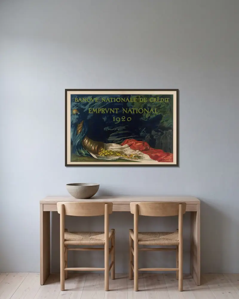Banque Nationale de Crédit. Emprunt national 1920 av Leonetto Cappiello inramad på en vägg
