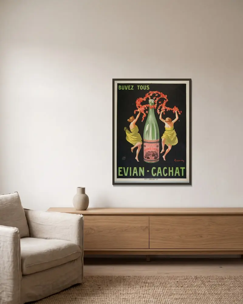 Buvez tous Evian-Cachat av Leonetto Cappiello inramad på en vägg