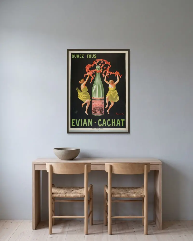 Buvez tous Evian-Cachat av Leonetto Cappiello inramad på en vägg
