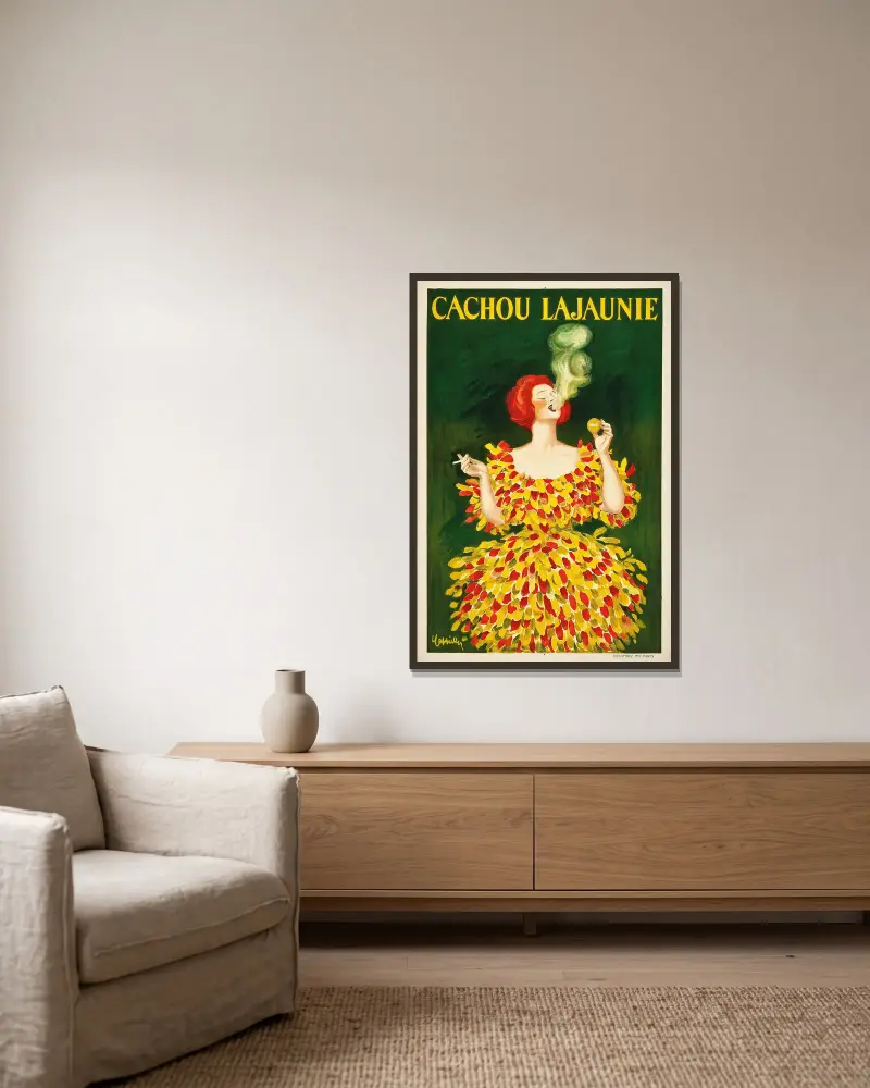 Cachou Lajaunie av Leonetto Cappiello inramad på en vägg