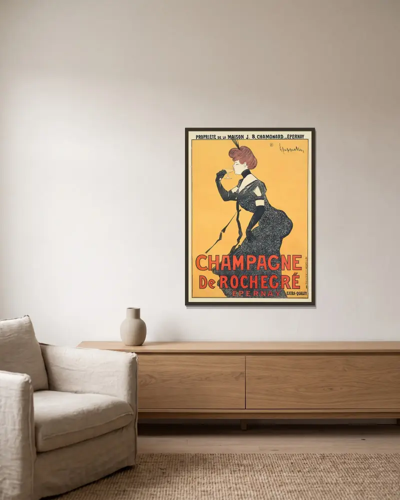 Champagne De Rochegré av Leonetto Cappiello inramad på en vägg