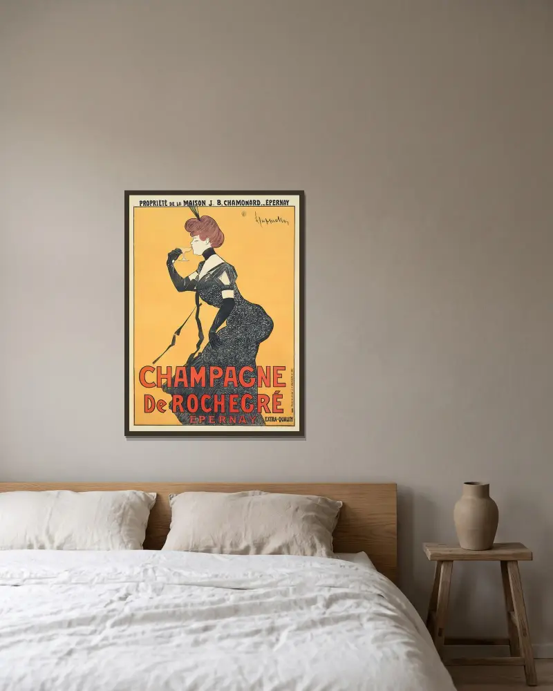 Champagne De Rochegré av Leonetto Cappiello inramad på en vägg