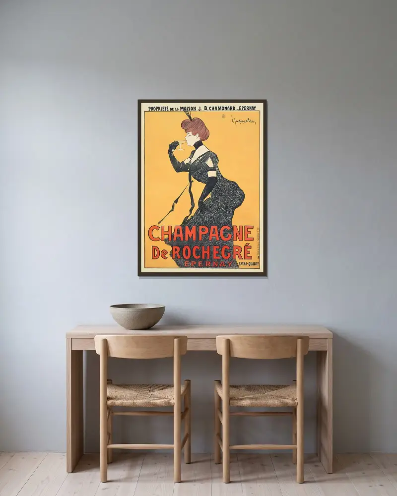 Champagne De Rochegré av Leonetto Cappiello inramad på en vägg