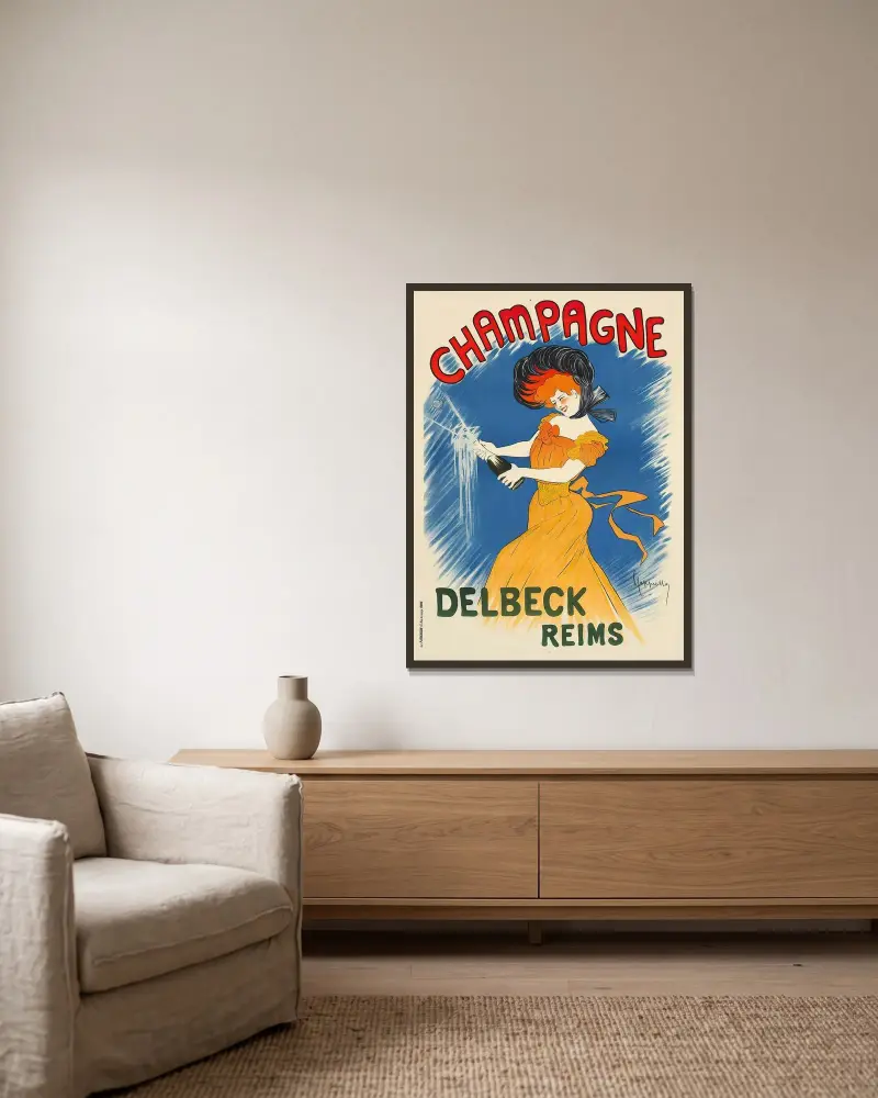 Champagne Delbeck av Leonetto Cappiello inramad på en vägg