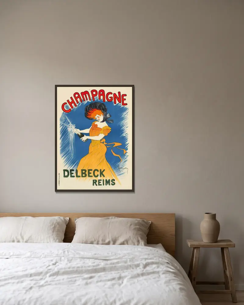 Champagne Delbeck av Leonetto Cappiello inramad på en vägg
