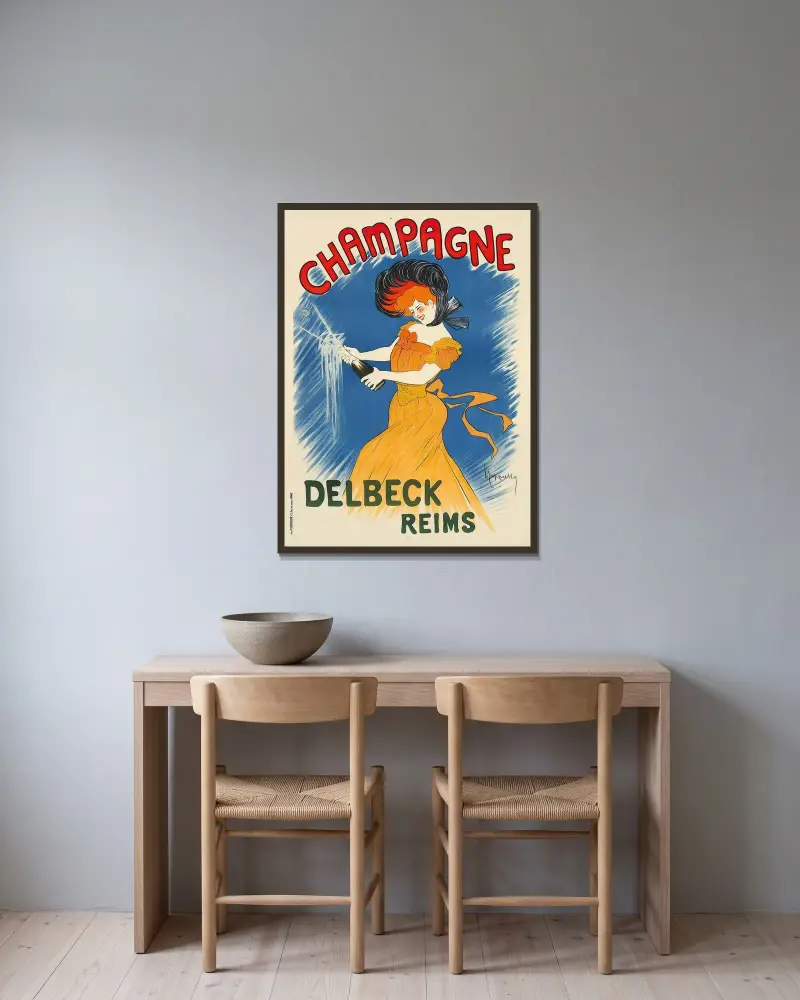 Champagne Delbeck av Leonetto Cappiello inramad på en vägg