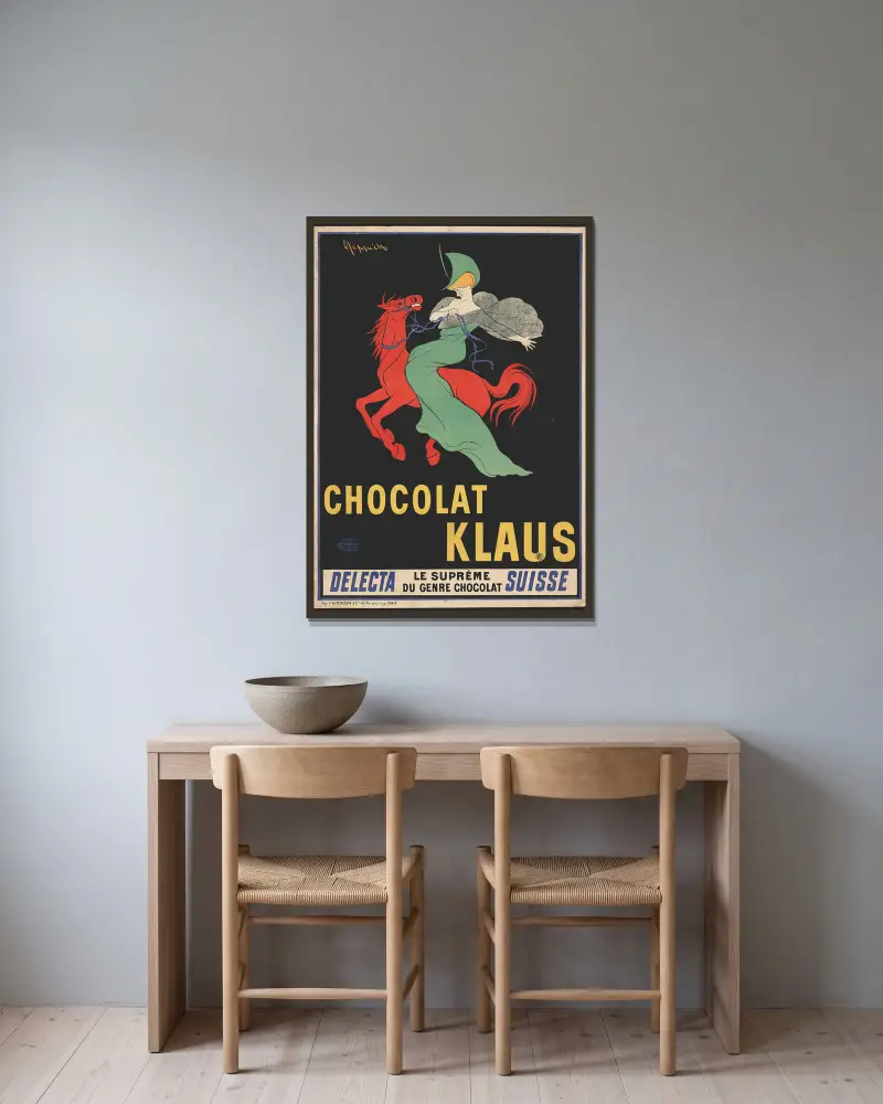 Chocolat Klaus av Leonetto Cappiello inramad på en vägg