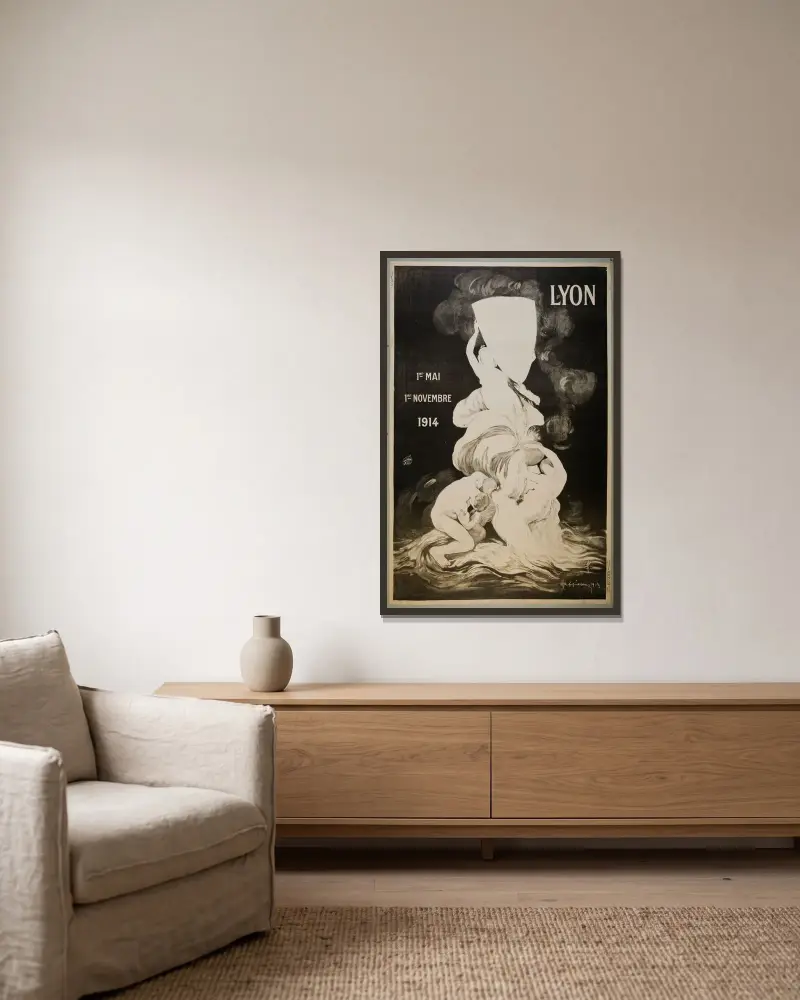 Exposition internationale Lyon av Leonetto Cappiello inramad på en vägg