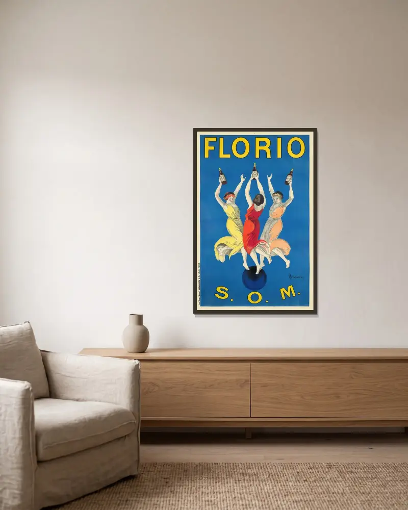 Florio av Leonetto Cappiello inramad på en vägg