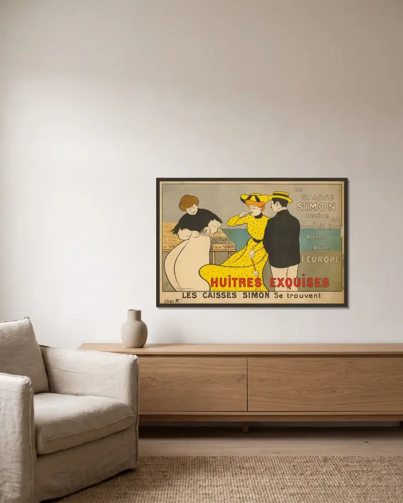 La Caisse Simon arrive en parfait état dans toute l’Europe Huîtres Exquises Les Caisses Simon se trouvent chez Mr. av Leonetto Cappiello inramad på en vägg