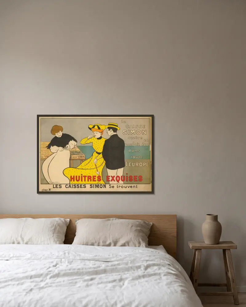 La Caisse Simon arrive en parfait état dans toute l’Europe Huîtres Exquises Les Caisses Simon se trouvent chez Mr. av Leonetto Cappiello inramad på en vägg