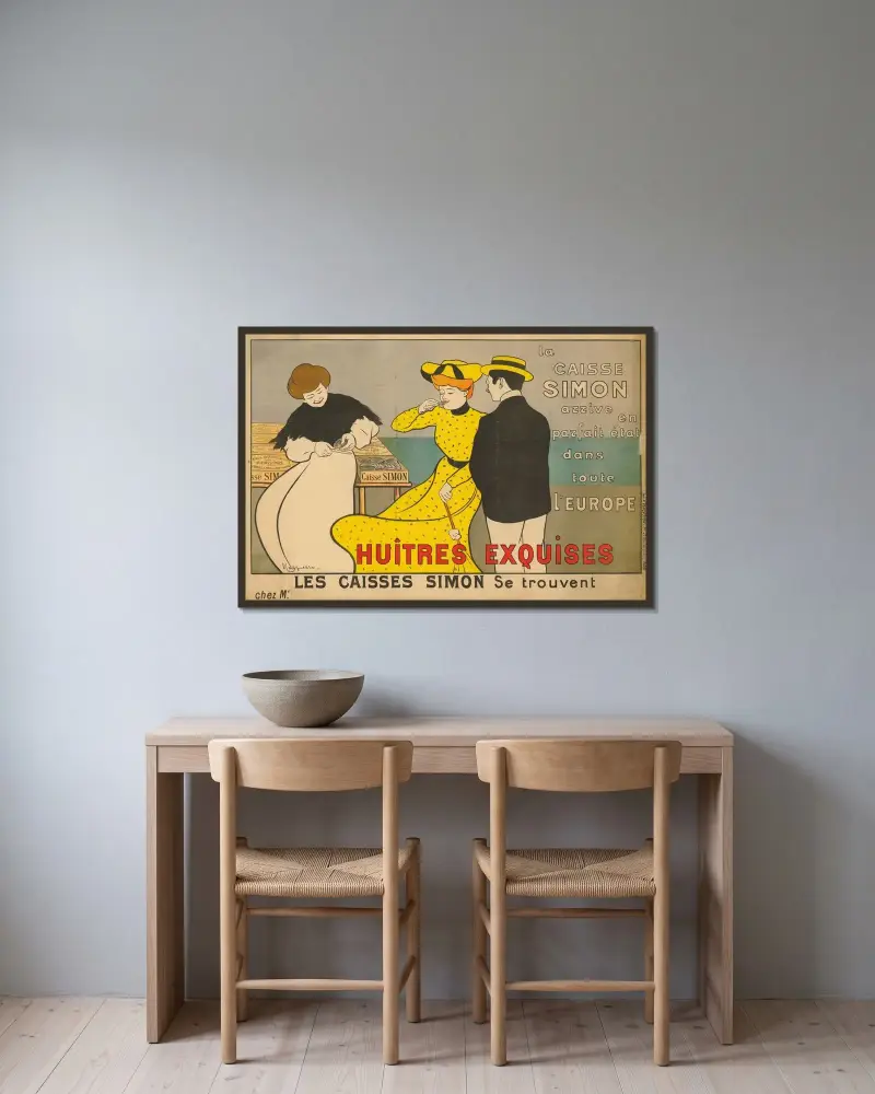 La Caisse Simon arrive en parfait état dans toute l’Europe Huîtres Exquises Les Caisses Simon se trouvent chez Mr. av Leonetto Cappiello inramad på en vägg