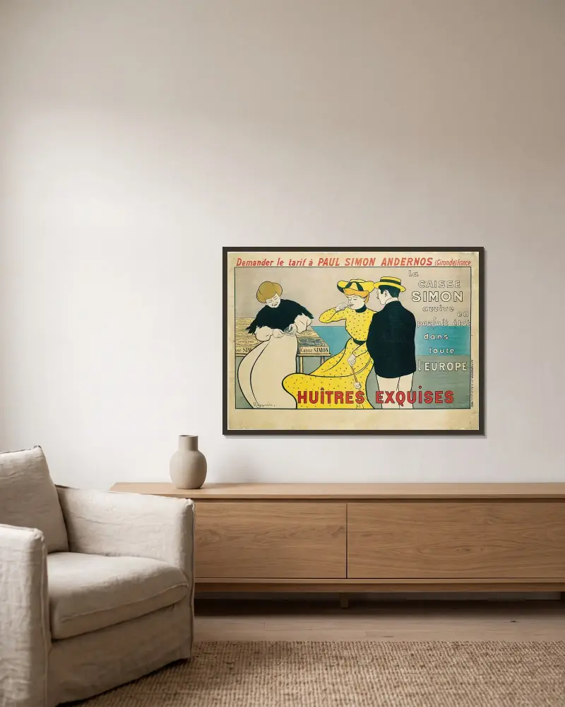 La Caisse Simon av Leonetto Cappiello inramad på en vägg
