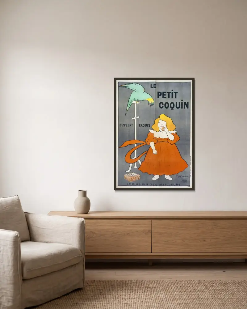 Den lilla filuren, utsökt dessert av Leonetto Cappiello inramad på en vägg