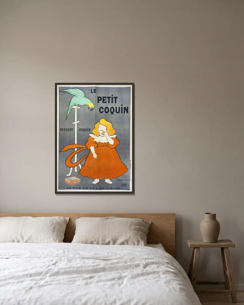Den lilla filuren, utsökt dessert av Leonetto Cappiello inramad på en vägg