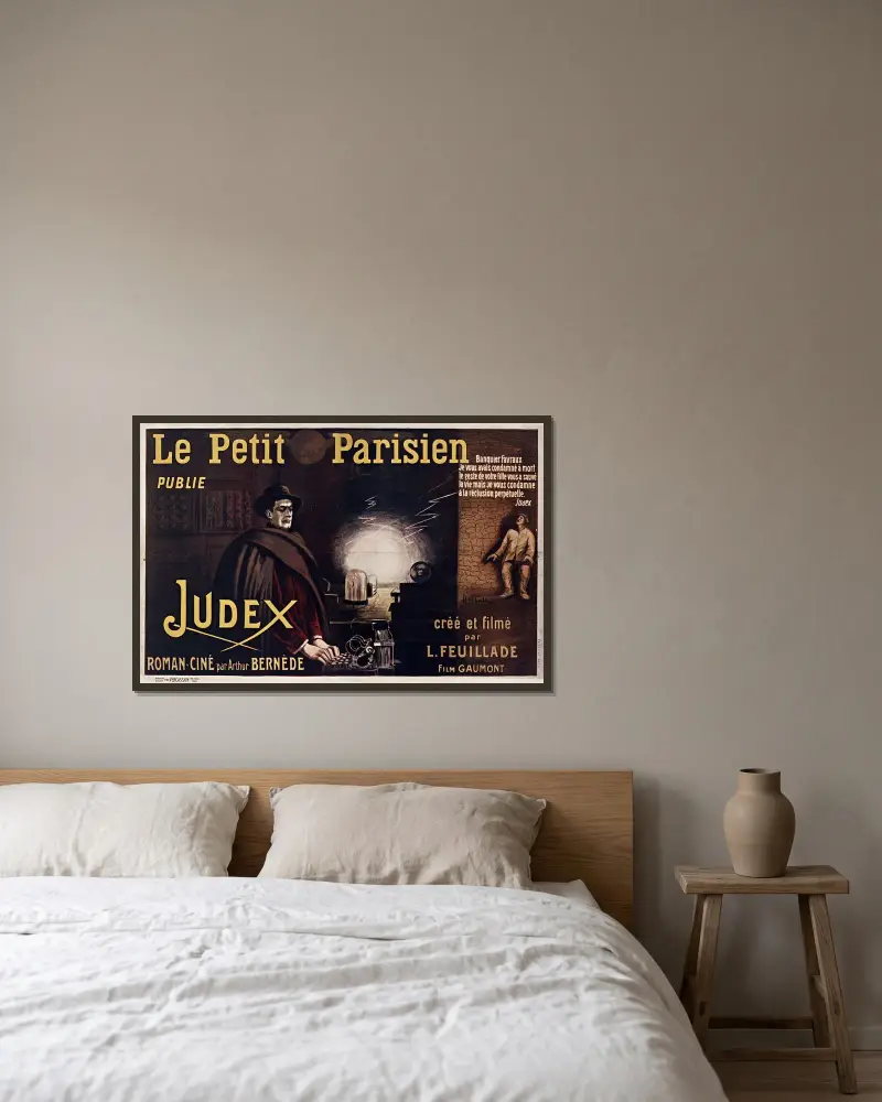 Le Petit Parisien publie Judex, roman-ciné par Arthur Bernède von Leonetto Cappiello gerahmt an einer Wand