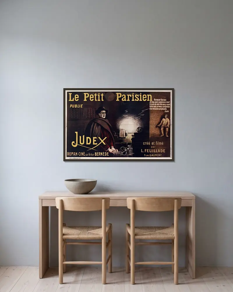 Le Petit Parisien publie Judex, roman-ciné par Arthur Bernède von Leonetto Cappiello gerahmt an einer Wand