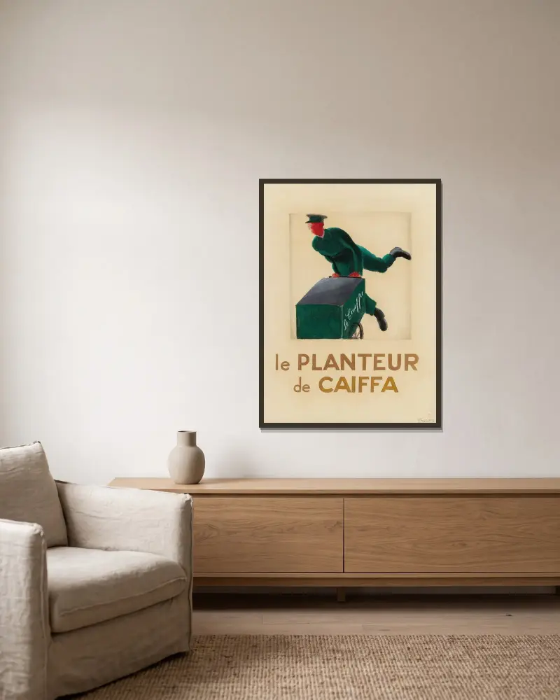 Kaffeplantageägaren av Leonetto Cappiello inramad på en vägg