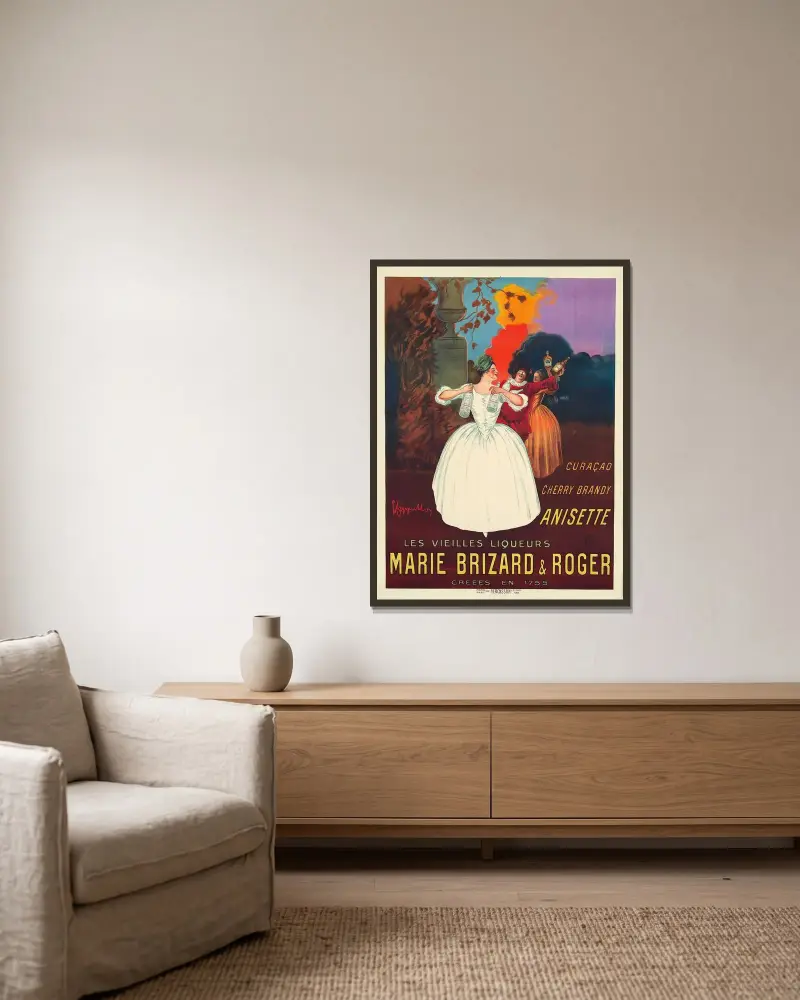 Marie Brizard & Roger av Leonetto Cappiello inramad på en vägg