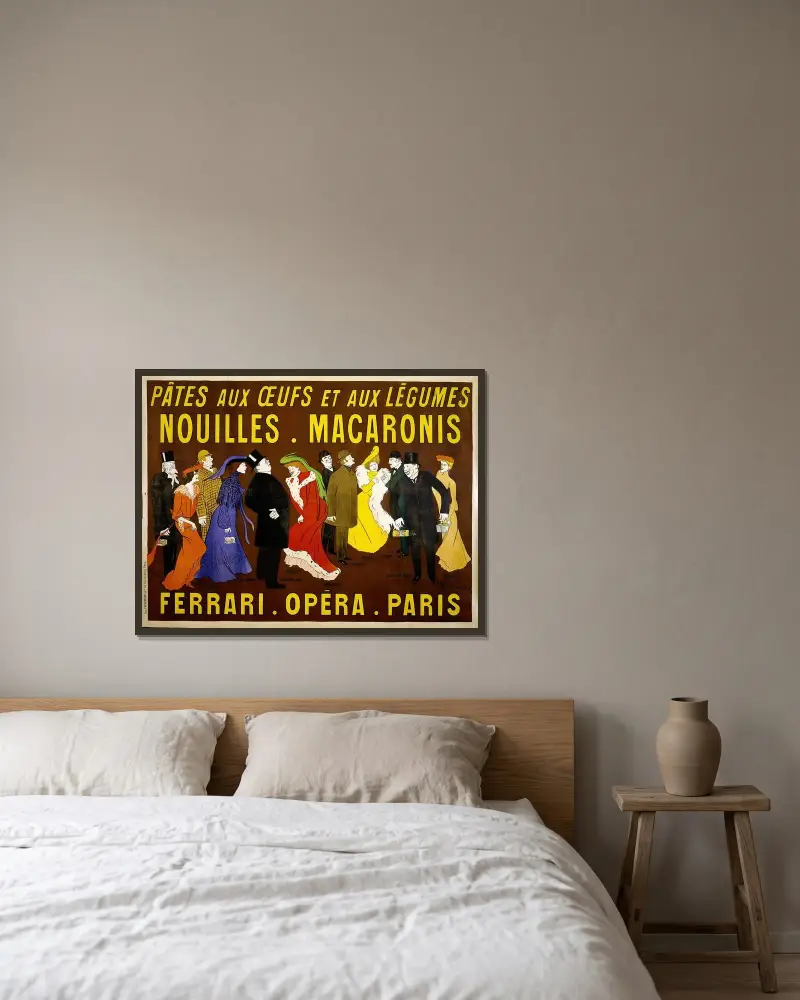 Affisch för nudlar och pasta av Leonetto Cappiello inramad på en vägg