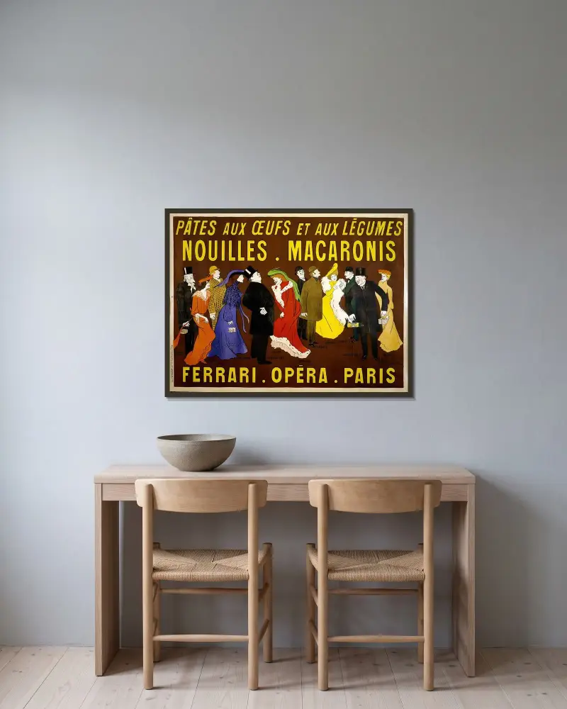 Affisch för nudlar och pasta av Leonetto Cappiello inramad på en vägg