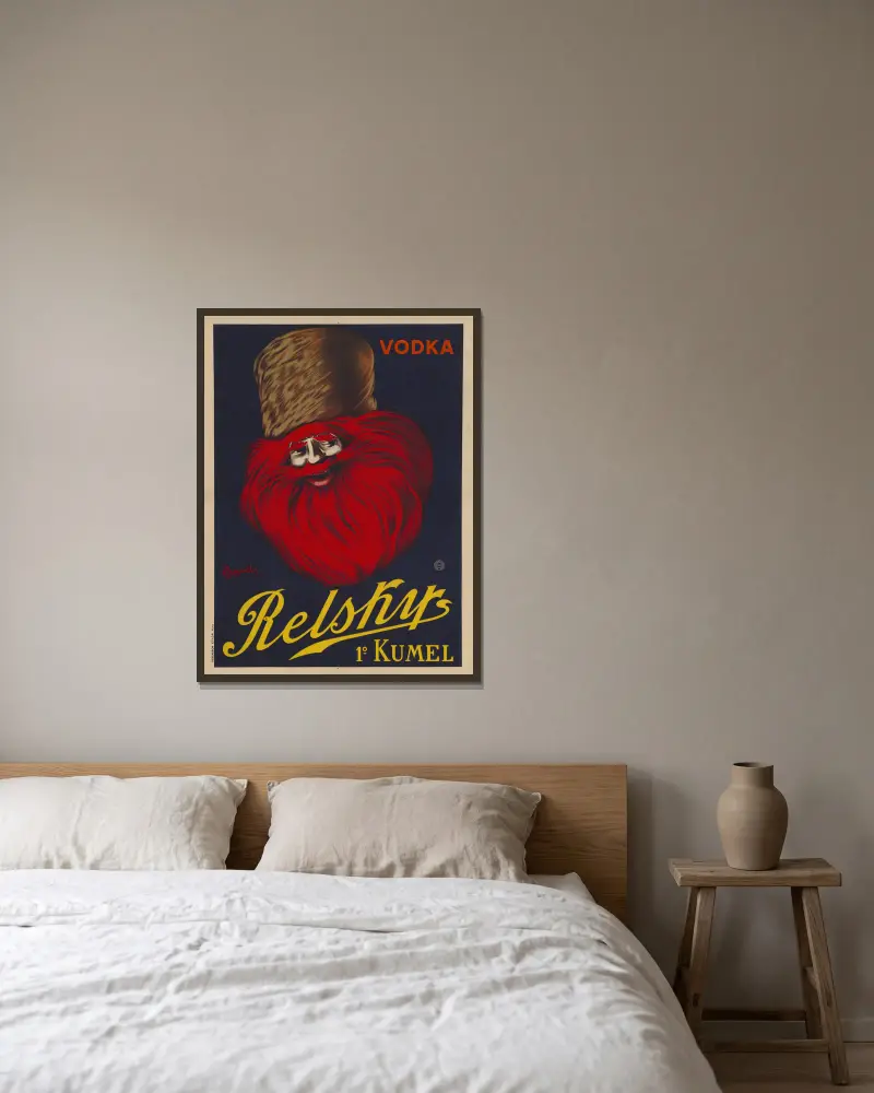 Vodka Relskys, 1° Kumel av Leonetto Cappiello inramad på en vägg