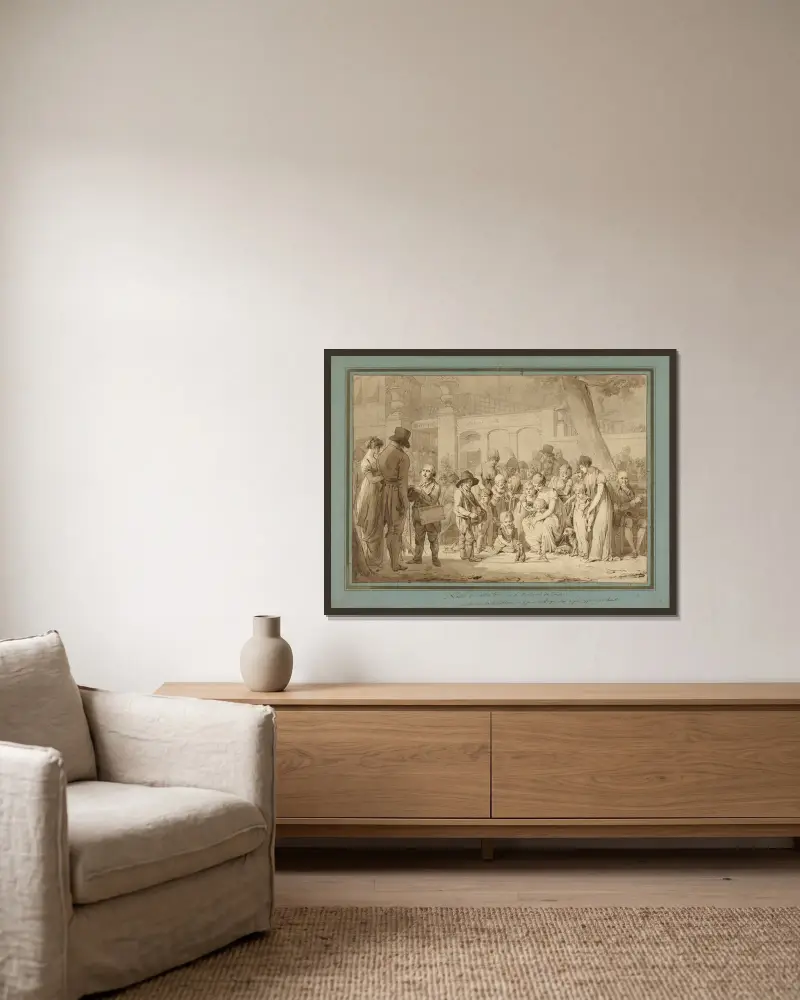 Kompositionsskiss för ’Ingången till Jardin Turc’ av Louis-Léopold Boilly inramad på en vägg