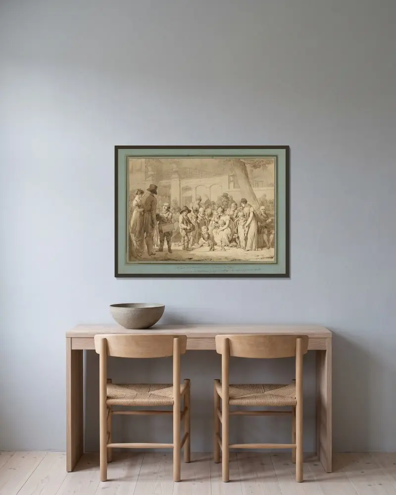 Kompositionsskiss för ’Ingången till Jardin Turc’ av Louis-Léopold Boilly inramad på en vägg