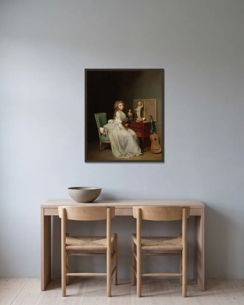 Kvinna i vit klänning sittande vid sitt skrivbord av Louis-Léopold Boilly inramad på en vägg