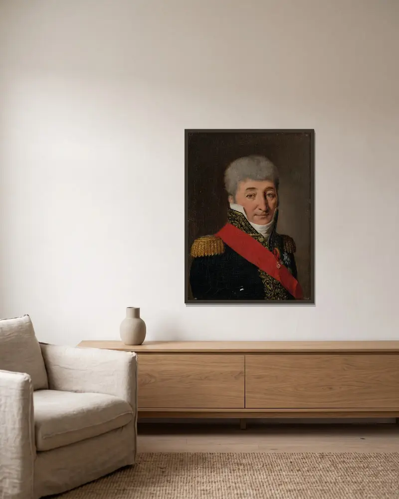 Porträtt av Charles Pierre François Augereau av Louis-Léopold Boilly inramad på en vägg