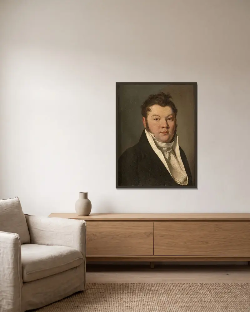 Porträtt av man i svart jacka av Louis-Léopold Boilly inramad på en vägg