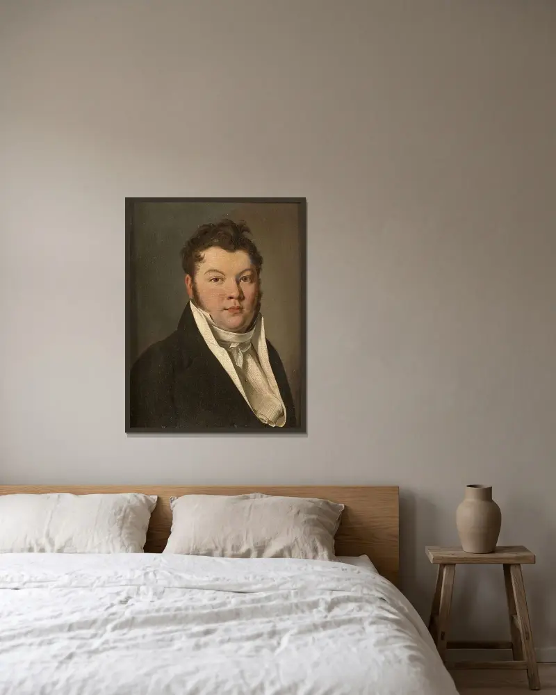 Porträtt av man i svart jacka av Louis-Léopold Boilly inramad på en vägg