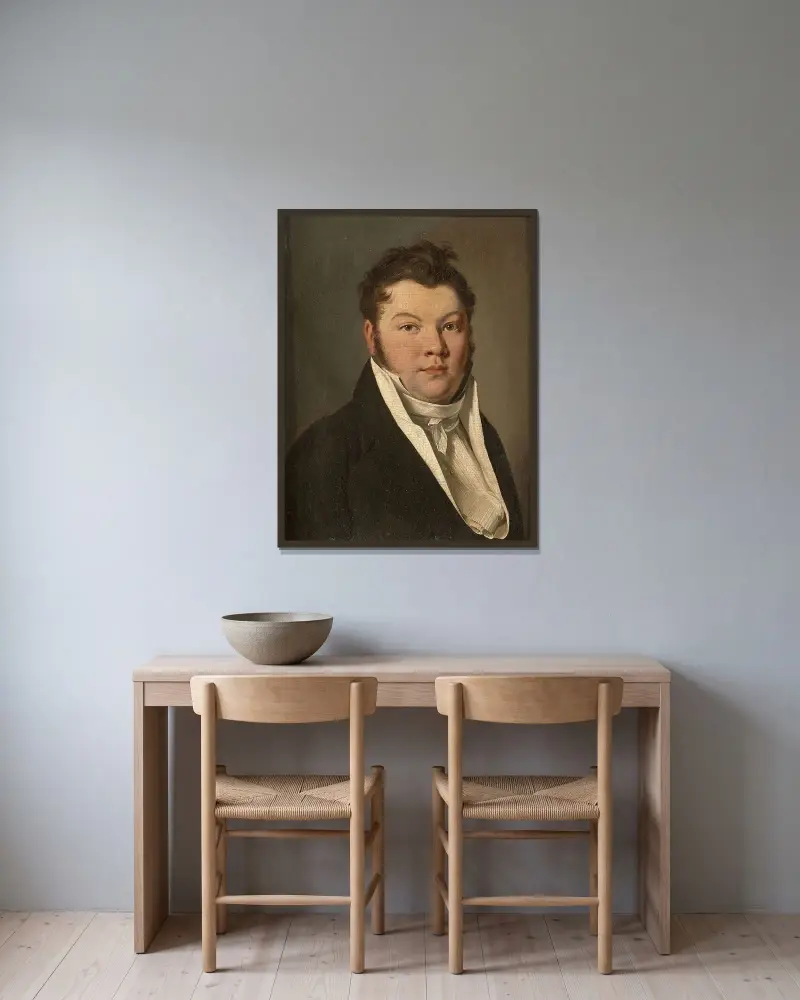 Porträtt av man i svart jacka av Louis-Léopold Boilly inramad på en vägg