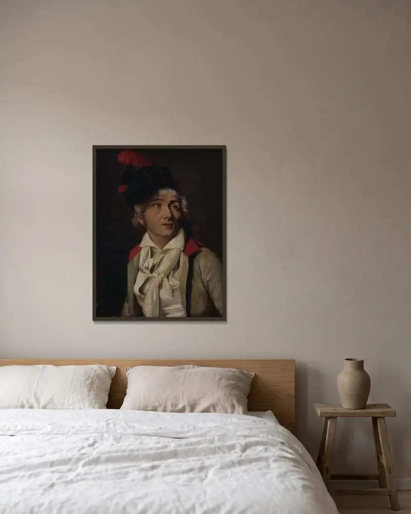 Porträtt av en skådespelare, i vit väst med röd krage av Louis-Léopold Boilly inramad på en vägg