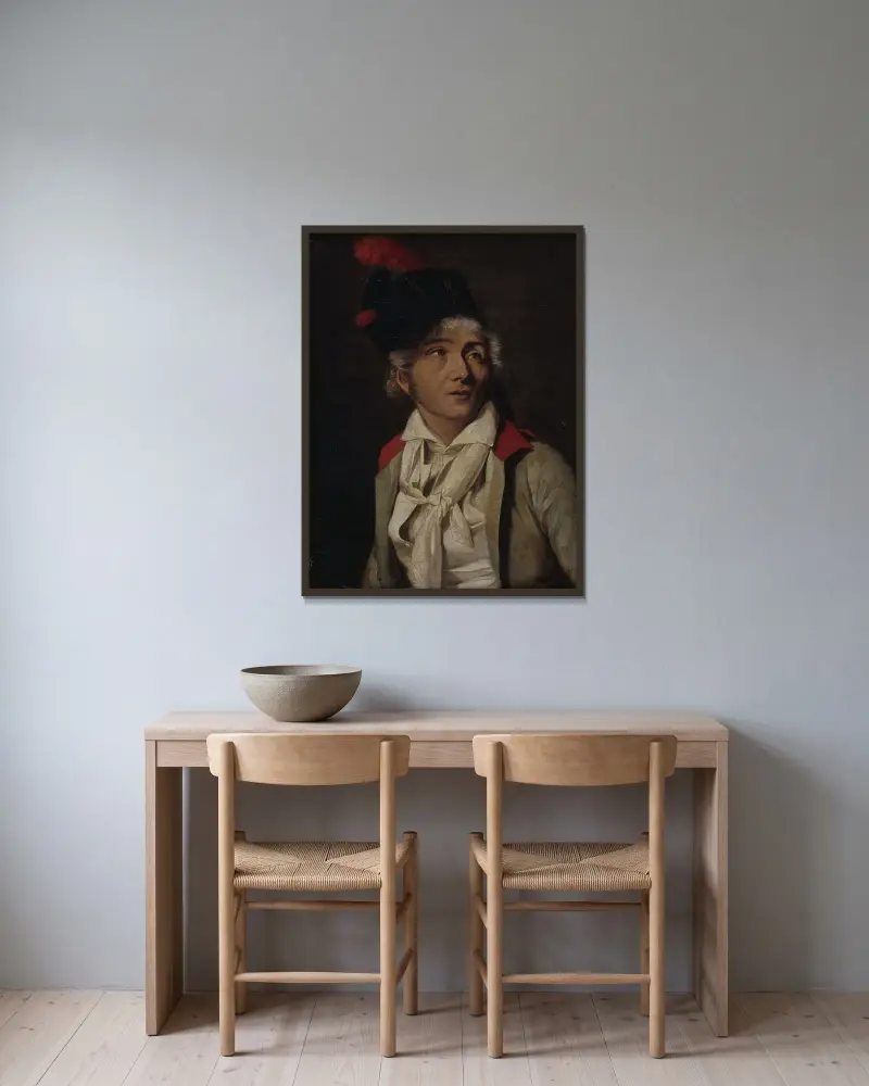 Porträtt av en skådespelare, i vit väst med röd krage av Louis-Léopold Boilly inramad på en vägg